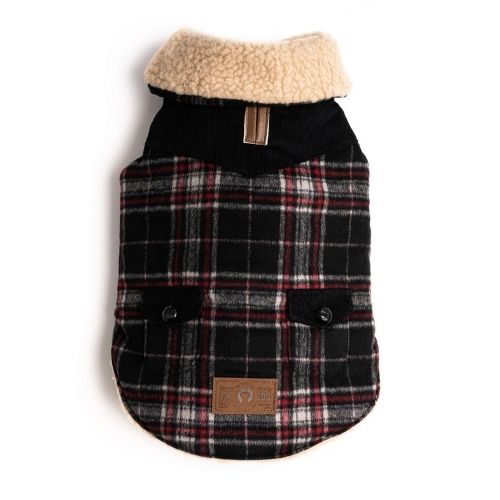 Black Wool Plaid Shearling Dog Coat