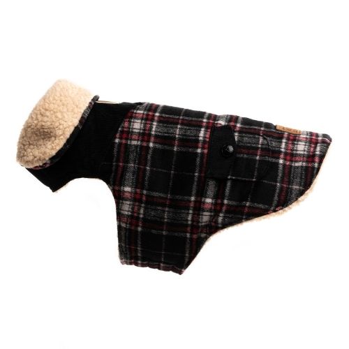 Black Wool Plaid Shearling Dog Coat