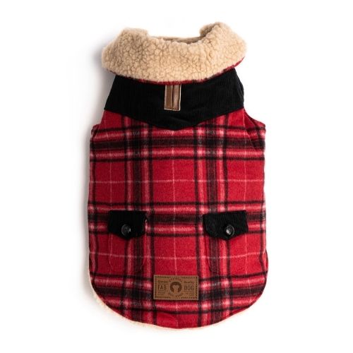 Red Wool Plaid Shearling Dog Coat