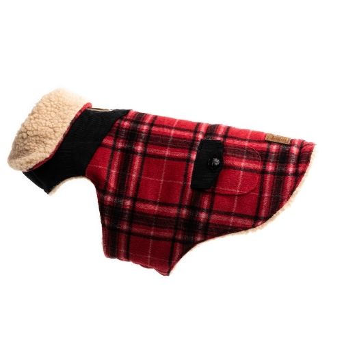 Red Wool Plaid Shearling Dog Coat